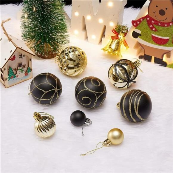 100Pcs Black and Gold Christmas Tree Ornaments Shatterproof Baubles Holiday Deco - Picture 5 of 7